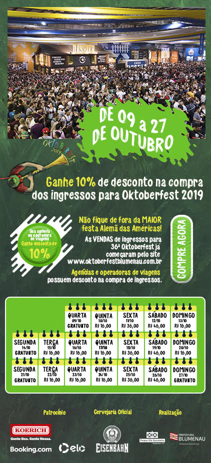 A Oktoberfest Blumenau ocorrerá de 9 a 27 de outubro no Parque Vila Germânica em Blumenau/SC